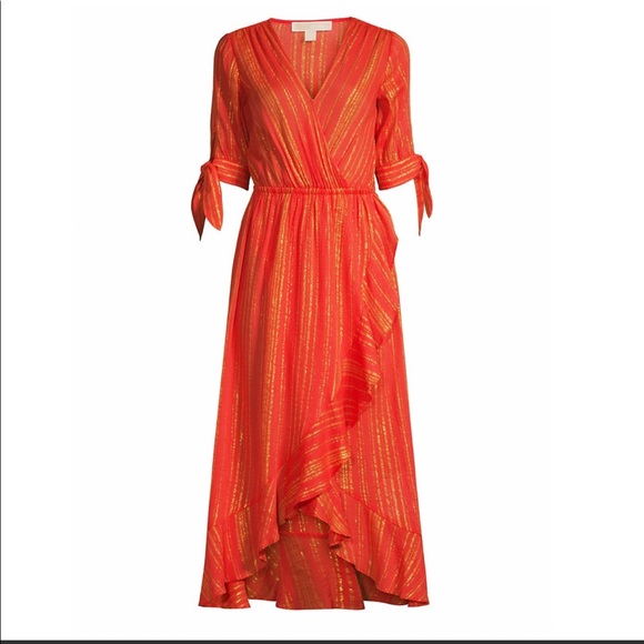 NWT MICHAEL MICHAEL KORS Metallic Crepe Ruffled Wrap Dress - Picture 10 of 13